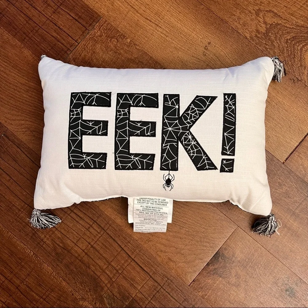 Brand new Halloween EEK! Pillow w/tassels black white spider webs rectangle